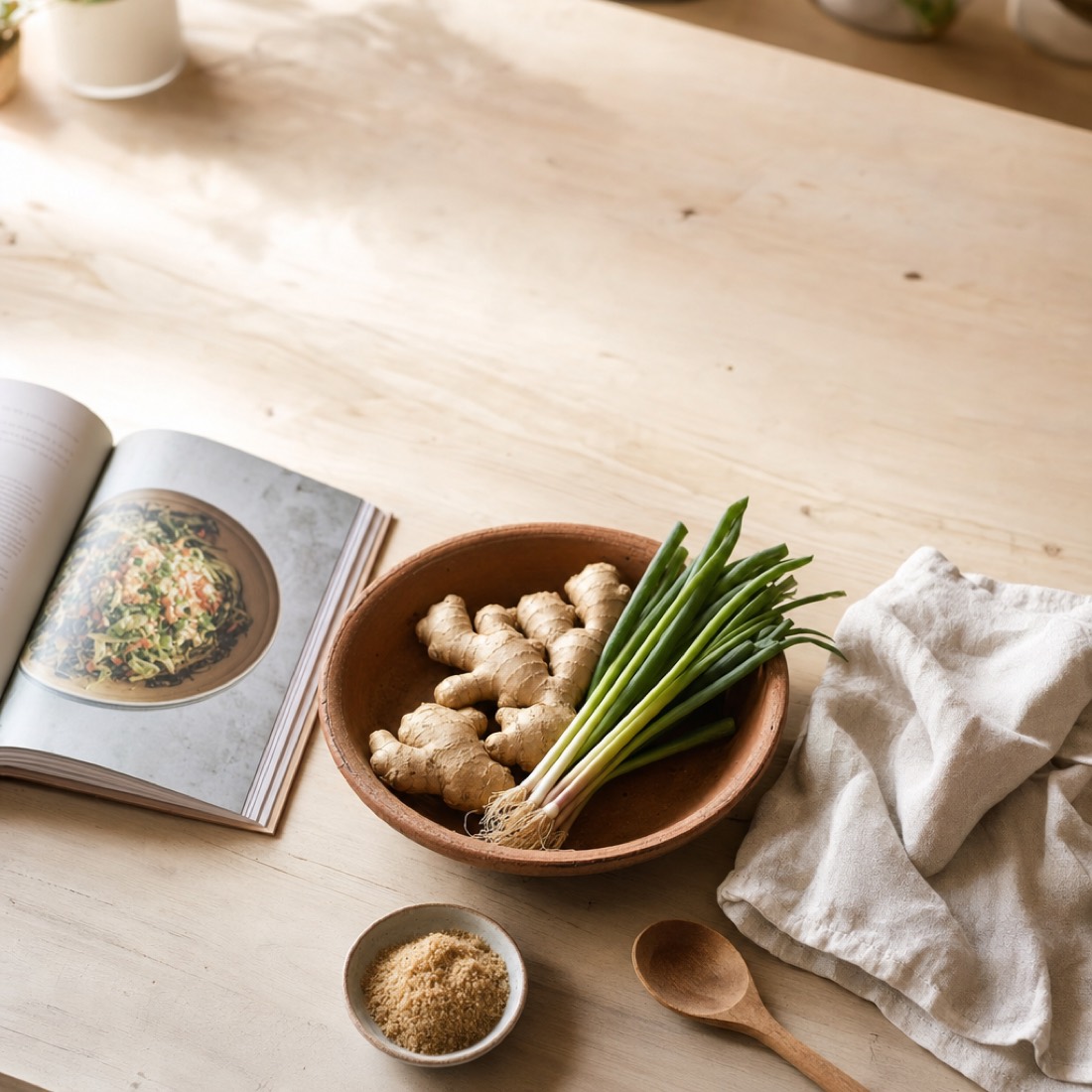 A kitchen bench in morning light, an open cookbook, a bowl of ginger and spring onion, a cloth and a wooden spoon