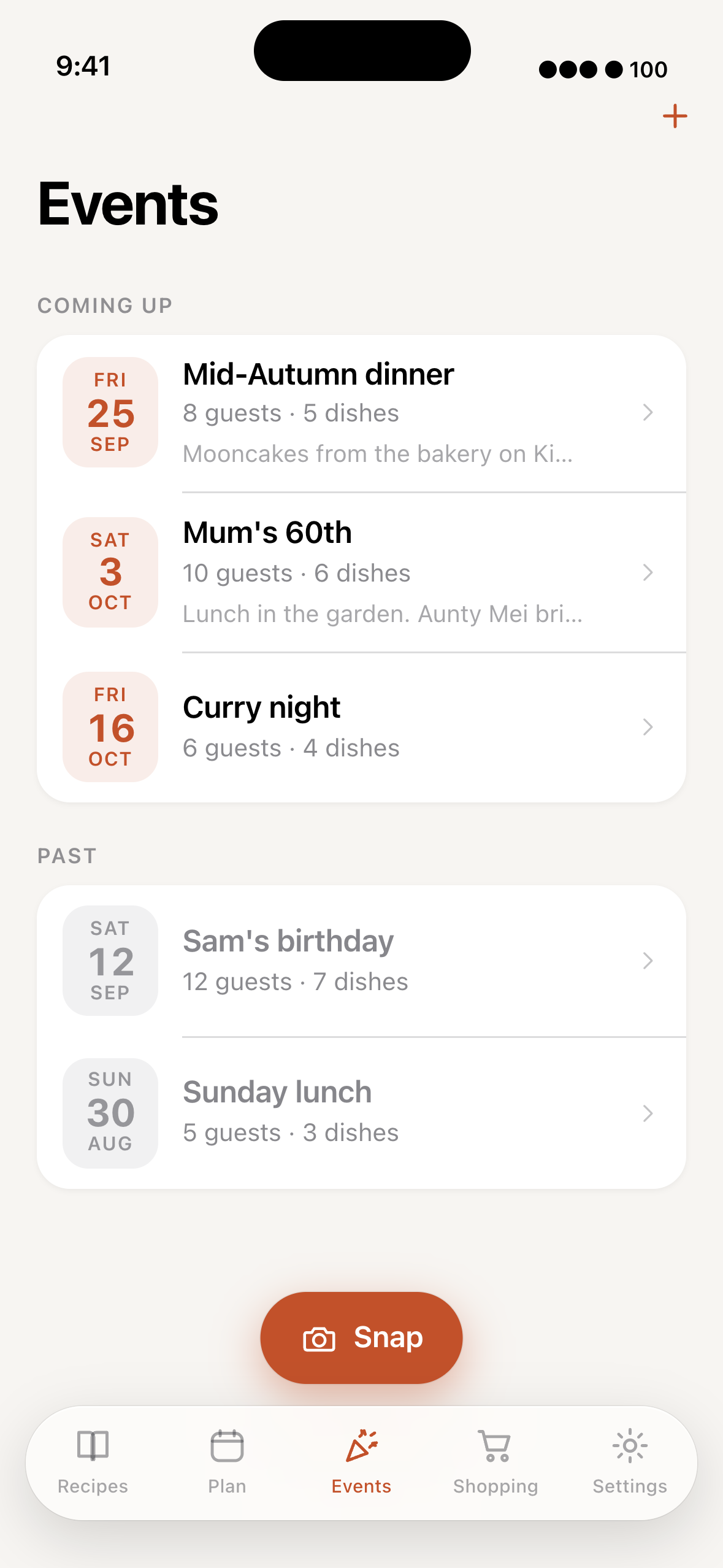 The Events tab, three events coming up and two in the past, each with its guests and dishes