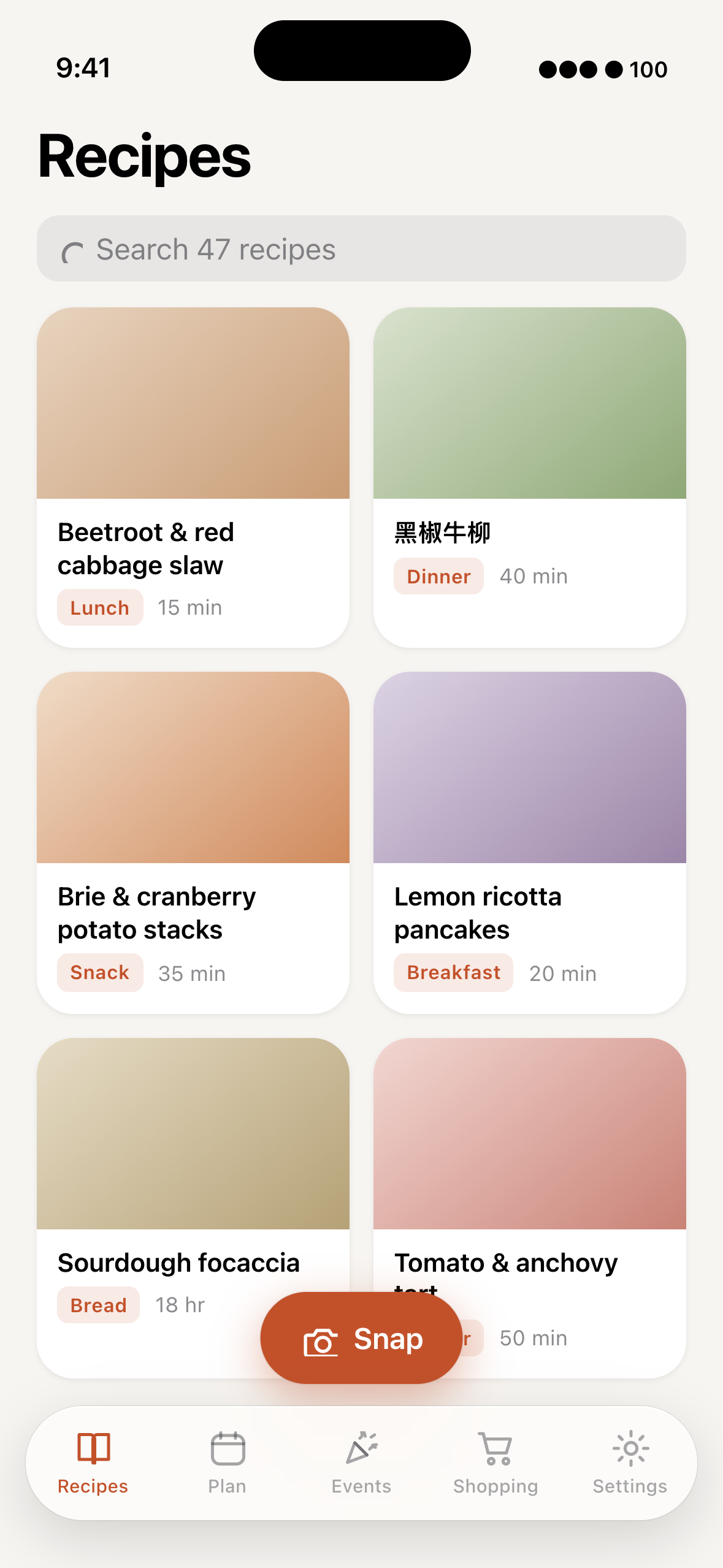 The recipe library, six recipes saved off their pages