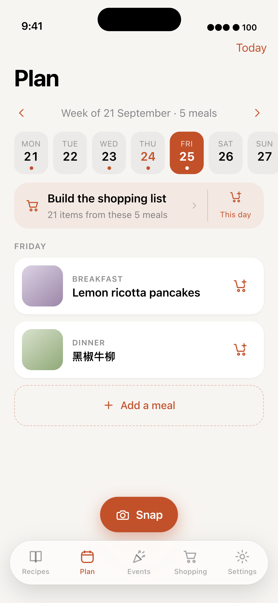 The week as a row of dated squares, Friday selected, breakfast and dinner planned