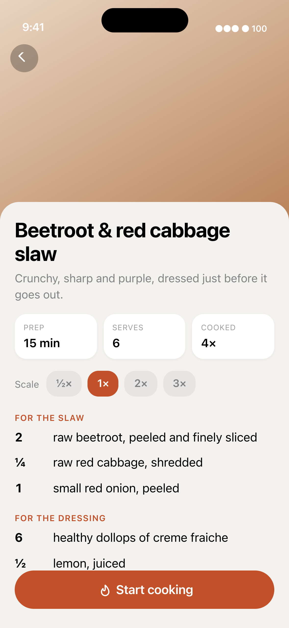 The finished recipe, its ingredients with a scale control and a Start cooking button