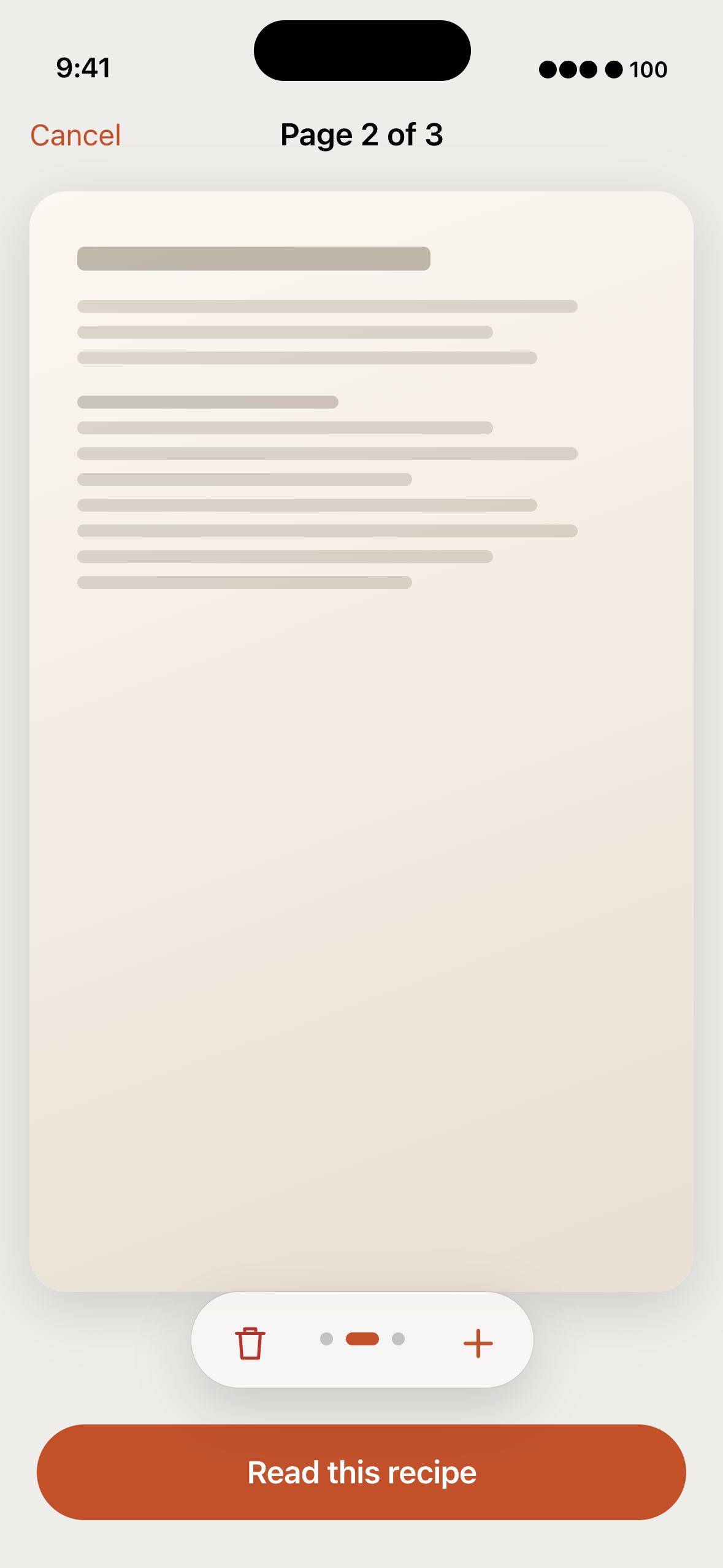 The scan preview, page two of three waiting to be read as one recipe