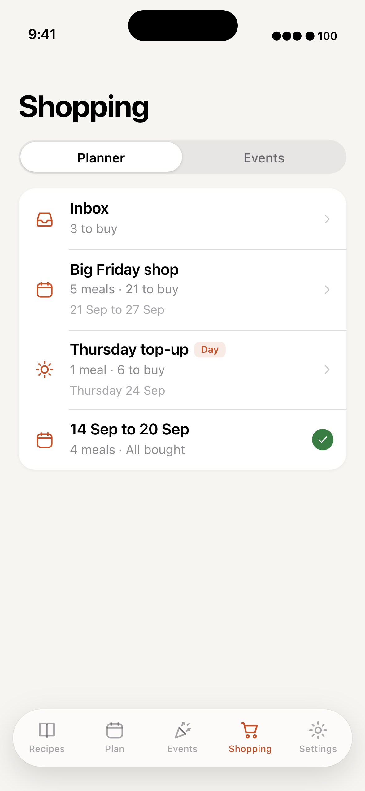 The Shopping tab, with Planner and Events at the top and the week's lists under it